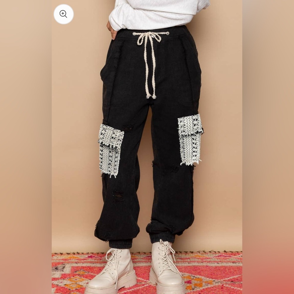 POL Black Joggers with Cream Crochet Pocket Flaps